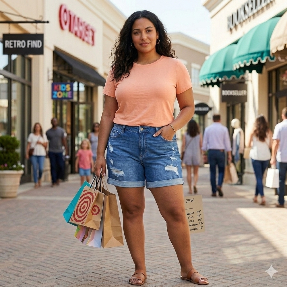 Ava & Viv High-Rise Distressed Midi Jean Shorts Blue Denim 24W Rolled Cuff